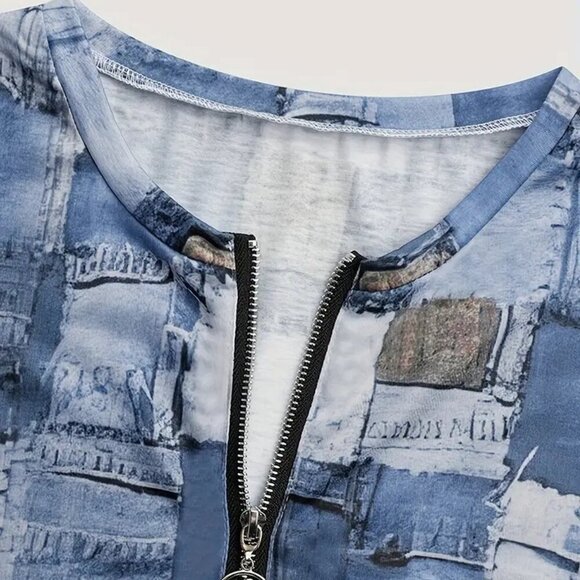 Faux Denim Patchwork Shirt (Color: Sea Blue) - Picture 2 of 4